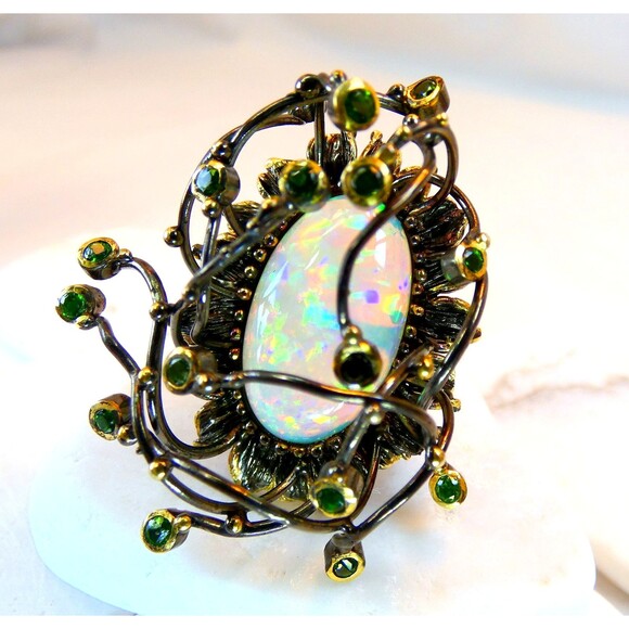 Huge 16 CT Ethiopian Opal-Chrome Diopside Sterling Silver Ring SZ 8 - Picture 2 of 10